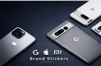 Smartphone devices with Apple, Google, and Mi logo brand stickers on dark background