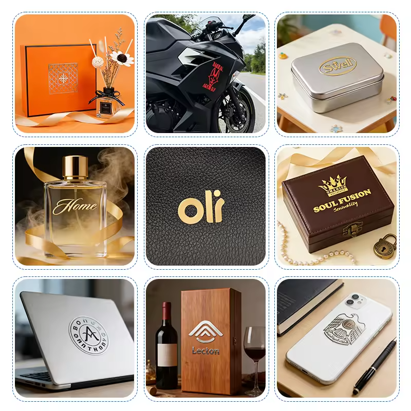 Custom Logo Sticker Sample Collection Multi-sample custom logo stickers in different finishes