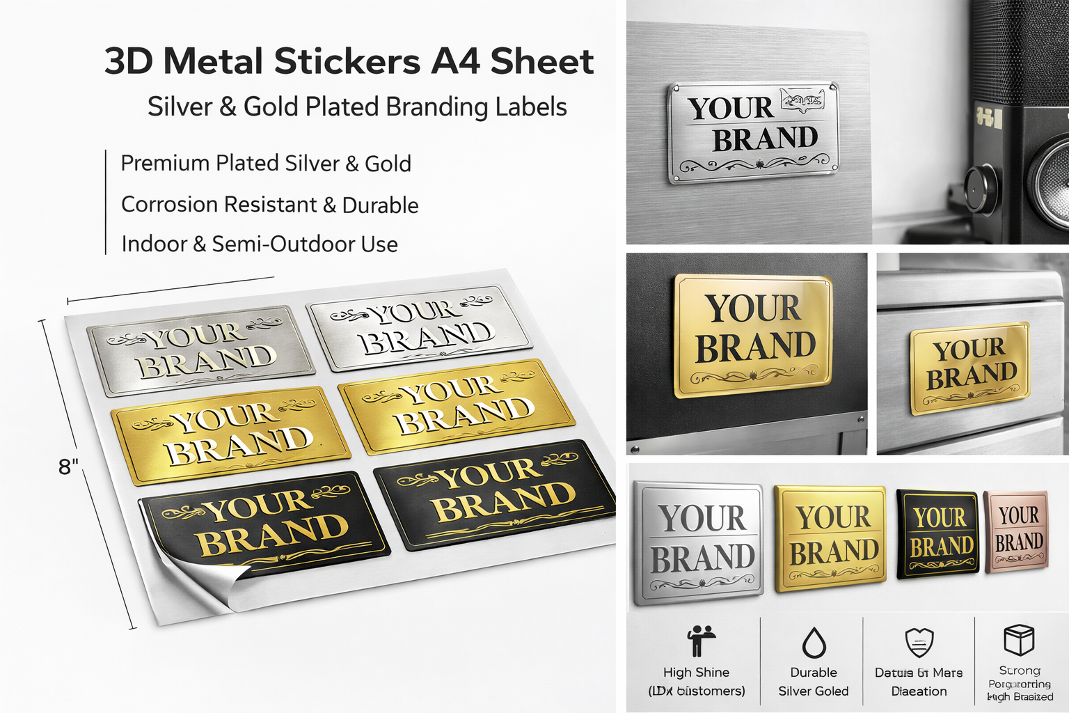 3D metal branding stickers in gold and silver 3D Metal Stickers - Image 1