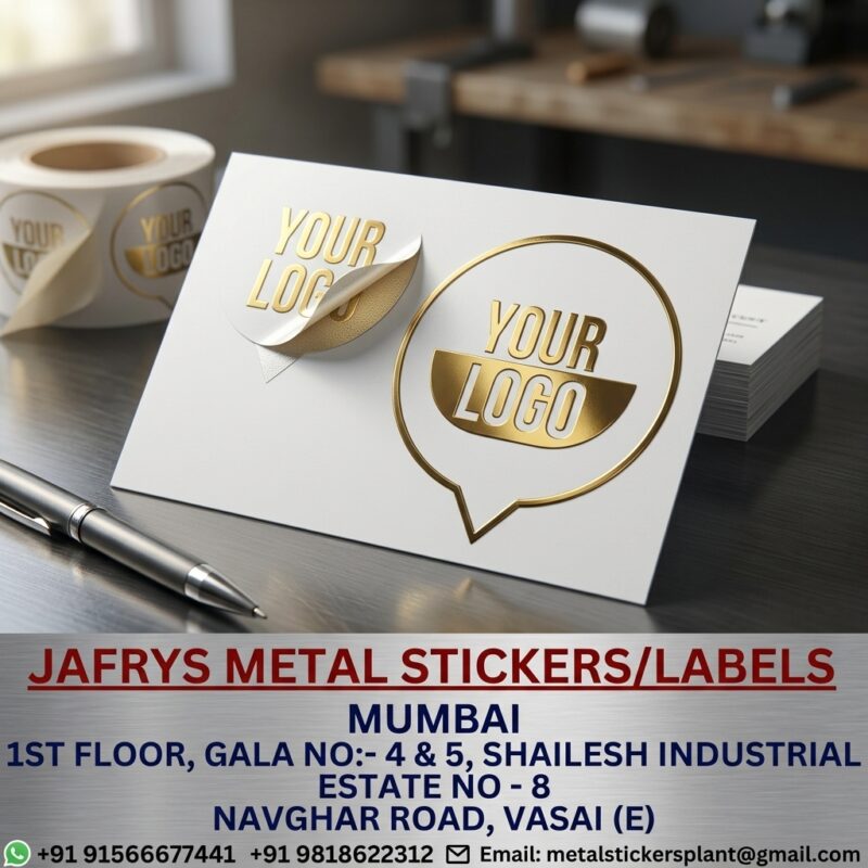 Luxury custom metallic logo labels with a gold finish displayed on premium stationery and packaging materials for professional brand presentation.