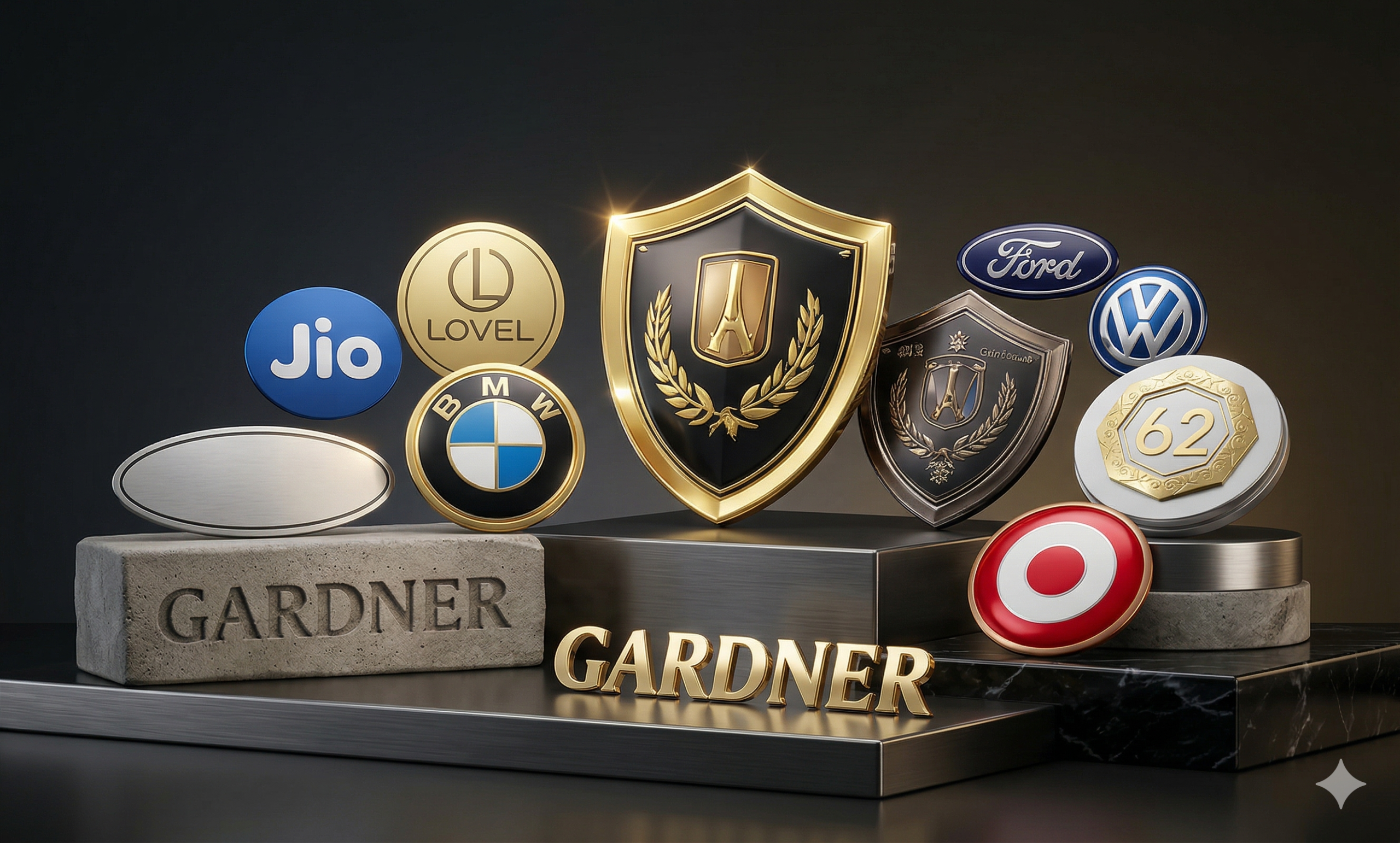 A high-end display of various custom metal brand stickers, embossed labels, and 3D metallic lettering. The collection features shiny gold, silver, and colorful enamel badges—including automotive and corporate logos—elegantly arranged on dark stone and metallic plinths under dramatic studio lighting.